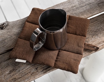 Quilted Linen Pot Holder - Heat Resistant Linen Mat - Brown Quilted Potholder Set - Quilted Linen Hot Pad - Kitchen Pure Linen Trivet Set