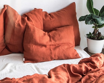 Terracotta Linen Pillowcase, Clay Red Pillow Sham, Burnt Orange Cushion Cover, Rust Brick Washed King Queen Standard Body Deco Euro Lumbar