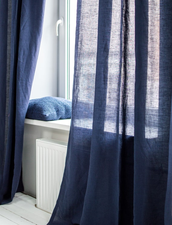 Linen Curtains in Midnight Blue, Linen Curtain Drape, Navy Rod pocket curtais, Living Room Curtains, Bedroom Linen Curtains in Dark Blue