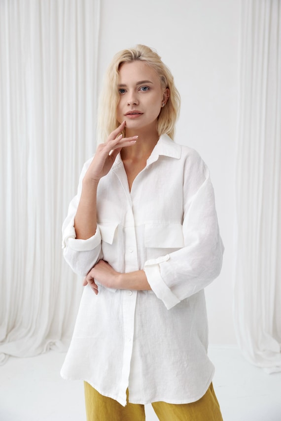 Oversized Linen Shirt Airy in Milky White - Straigth Womens Long Sleeve Top - One Size Summer Shirt - Relaxed Loose Linen Outfit