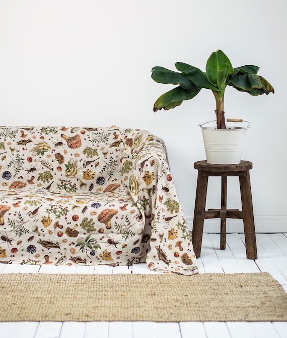 Mushroom Couch Cover, Linen Sofa Cover, Vintage Mushroom Couch Cover, Linen Couch Slipcover