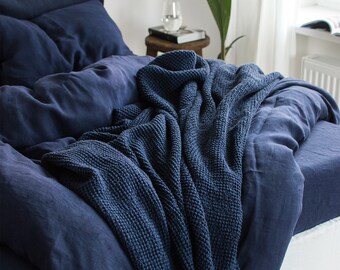 Waffle Blanket in Midnight Blue. Waffle Throw Blanket in Navy Blue. Extra Soft Puffy Linen Waffle Bed Cover. Navy Blue Waffle Coverlet. Etsy Canada