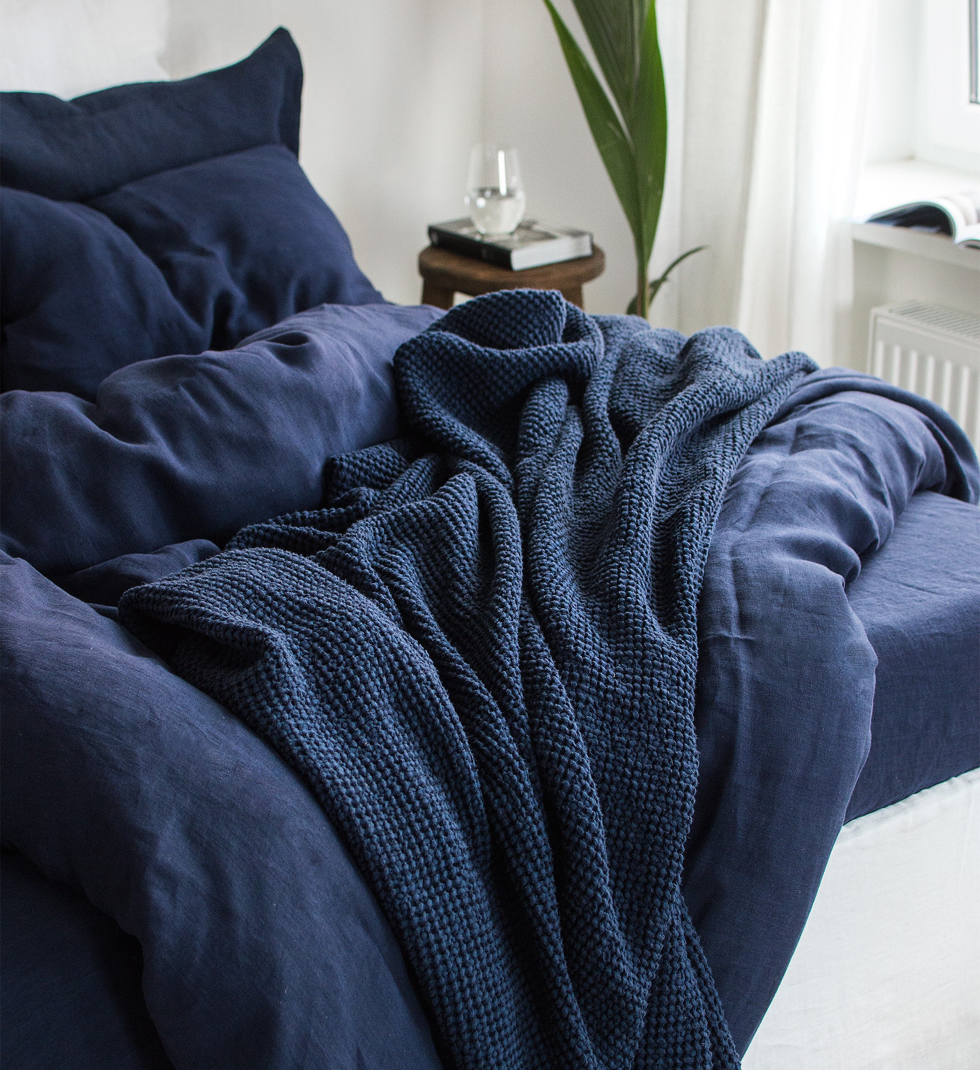 Waffle Blanket in Midnight Blue. Waffle Throw Blanket in Navy Blue. Extra Soft Puffy Linen Waffle Bed Cover. Navy Blue Waffle Coverlet. Etsy Canada