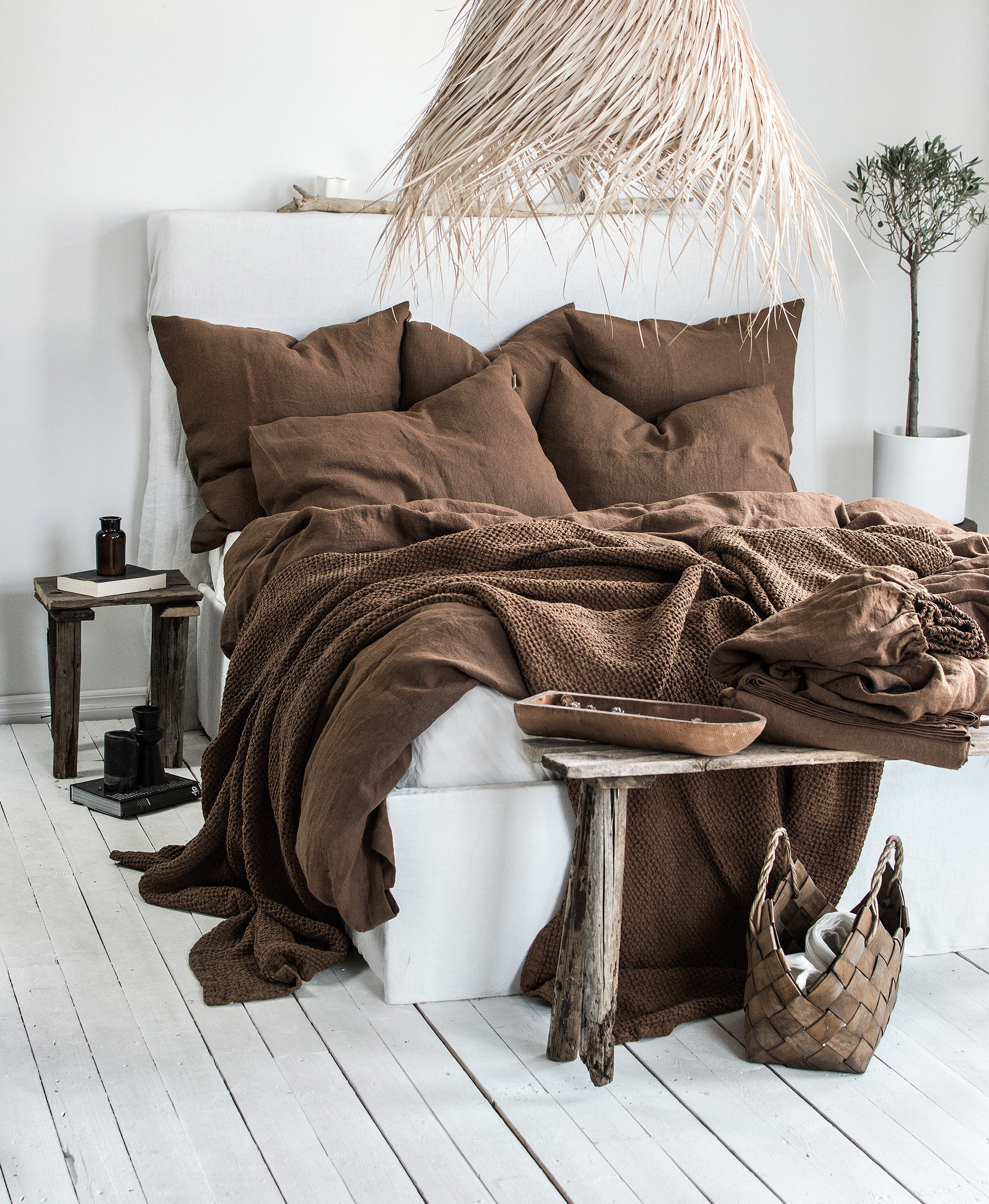 Waffle Blanket in Walnut. Extra Soft Waffle Throw Blanket. Linen-Cotton Waffle Bed Cover. Dark Brown Rustic Waffle Coverlet