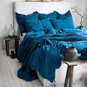 Linen Bedding Set in Lake Blue. 3 Piece Set in King, Queen, Twin, Full, Double sizes. Blue Linen bedding set: 2 Pillowcases & Duvet Cover