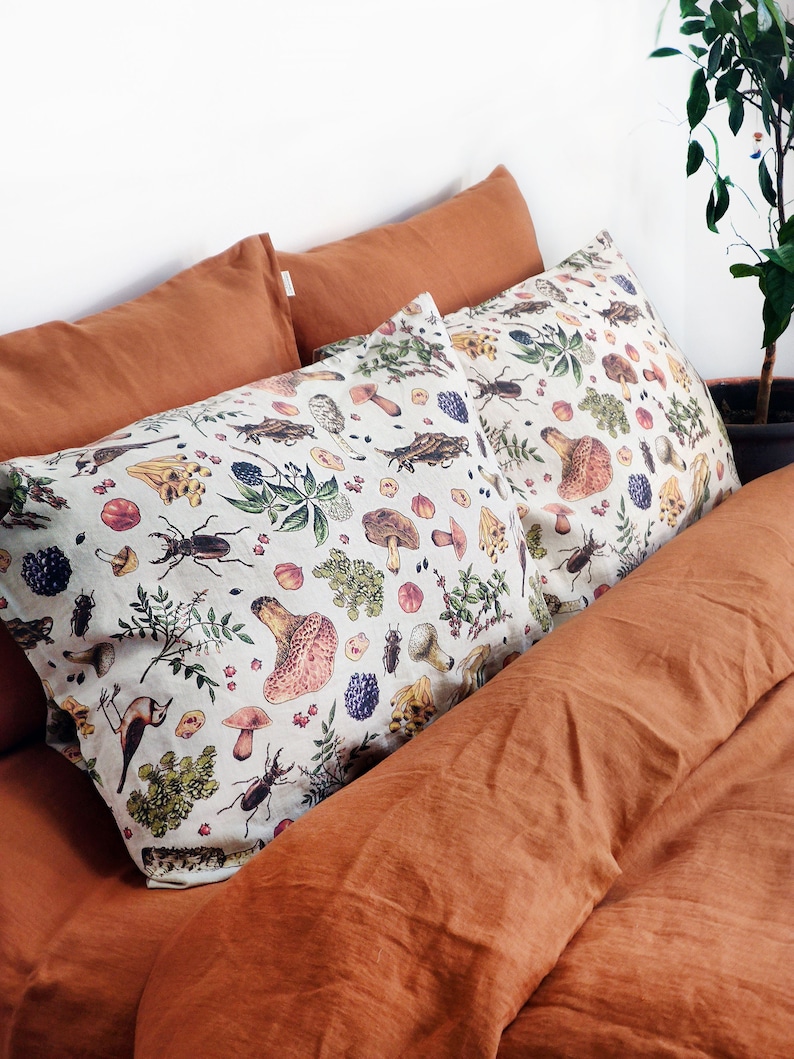 Mushroom linen pillowcase with unique vintage pattern