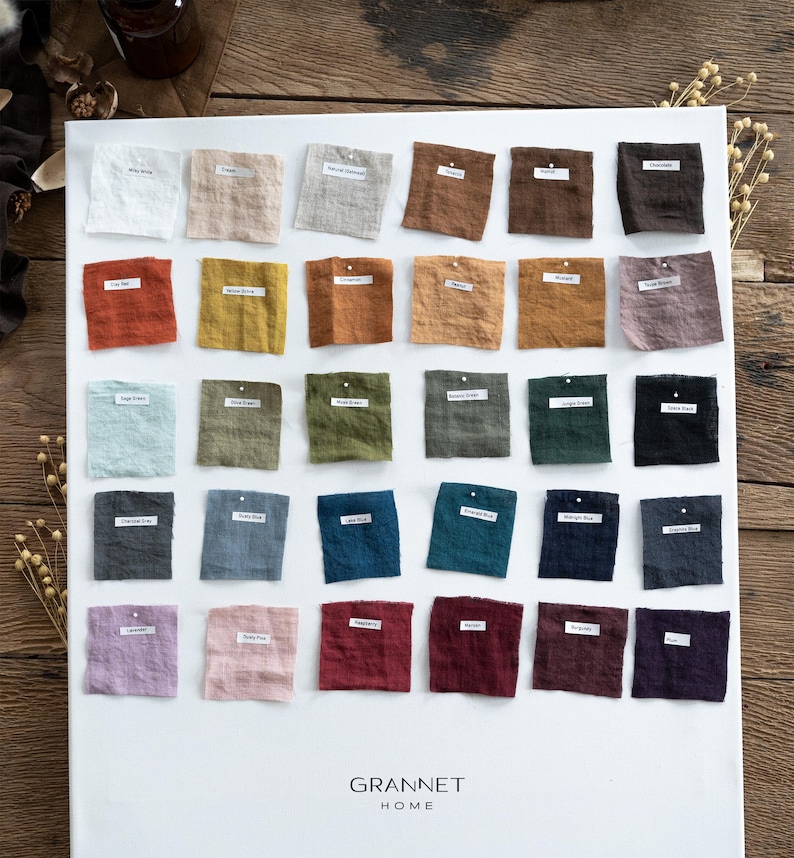 Pu&ograve; includere: Un pannello bianco con una collezione di campioni di tessuto di lino in vari colori. I campioni sono disposti in file e colonne, con etichette che indicano i nomi dei colori. Il pannello presenta il testo "GRANNET HOME" in basso.