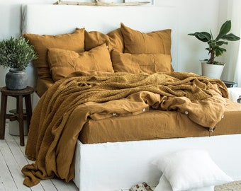 Mustard Linen Bedding Set - Duvet Cover & 2 Pillowcases - Soft Washed Honey Mustard 100% Linen Set - Cal King Queen Full Double Twin XL