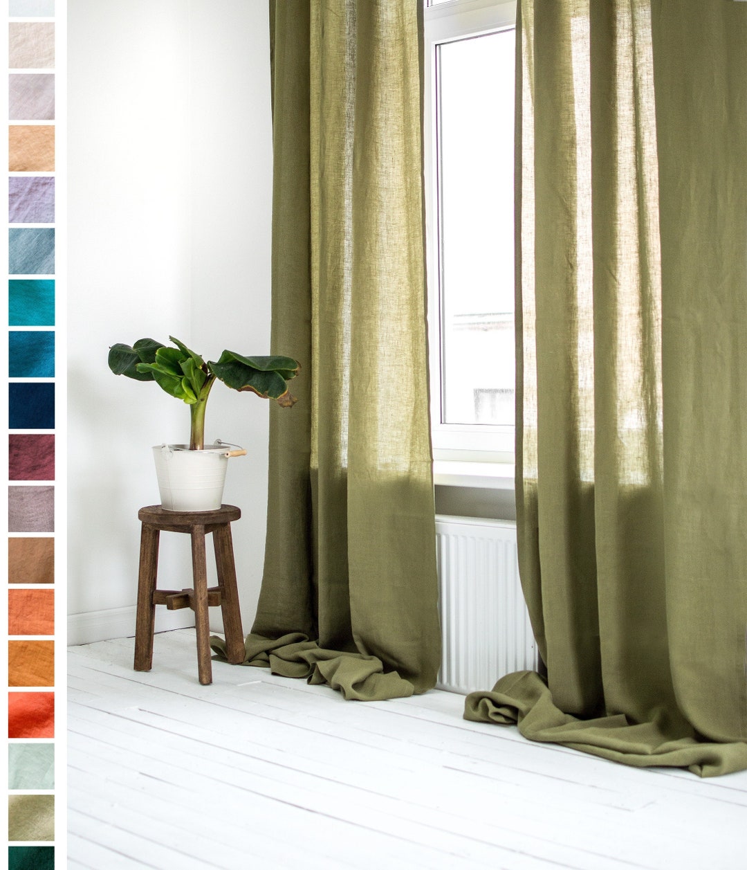 Linen Curtains in Olive Green, Linen Curtain Drape, Green Rod Pocket