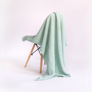 MINT GREEN WAFFLE blanket. Linen mint green bed throw in extra soft and puffy waffle pattern. Sage green bedding waffle blanket.