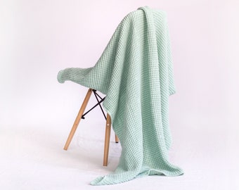 MINT GREEN WAFFLE blanket. Linen mint green bed throw in extra soft and puffy waffle pattern. Sage green bedding waffle blanket.