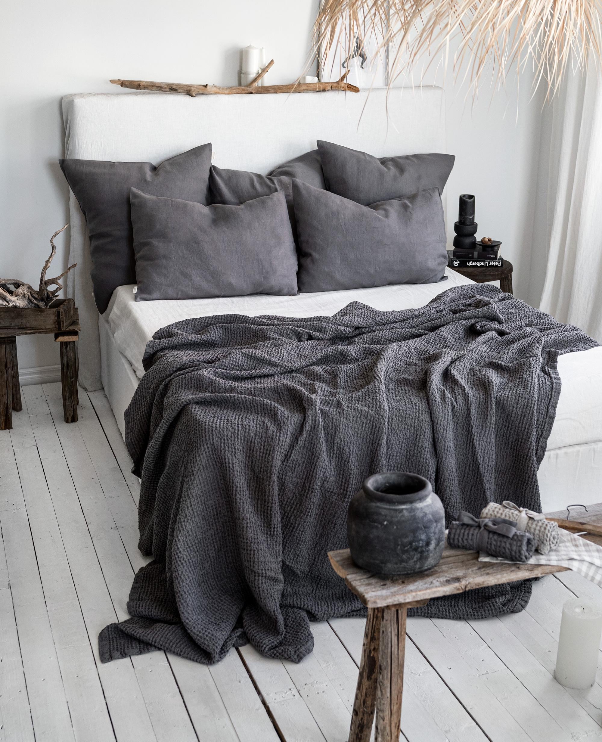 grey blanket on bed Waffle Blanket in Charcoal Grey Strom Grey Linen Throw Soft Bed Cover  Medium Gray Ireland