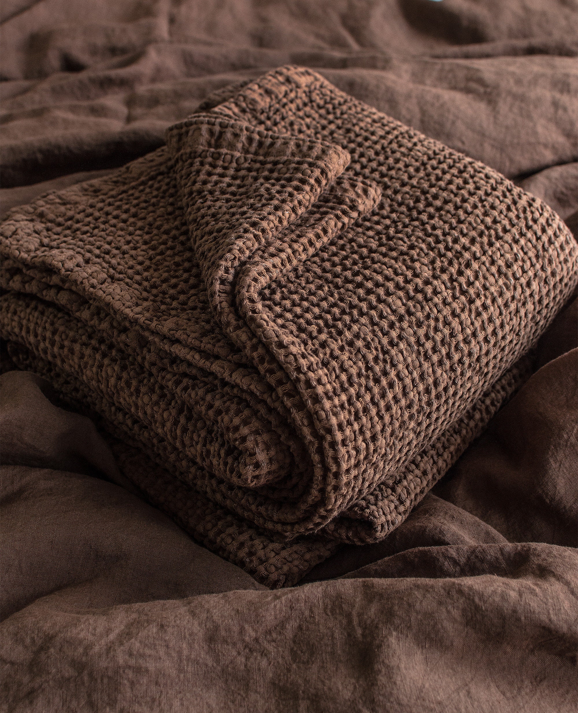 Waffle Blanket in Walnut. Extra Soft Waffle Throw Blanket. Linen-Cotton Waffle Bed Cover. Dark Brown Rustic Waffle Coverlet