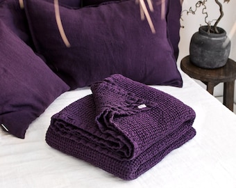 Waffle Blanket in Natural Soft Purple Throw Blanket Linen-Cotton  Bed Dark Purple King Queen Full Double Bedspread