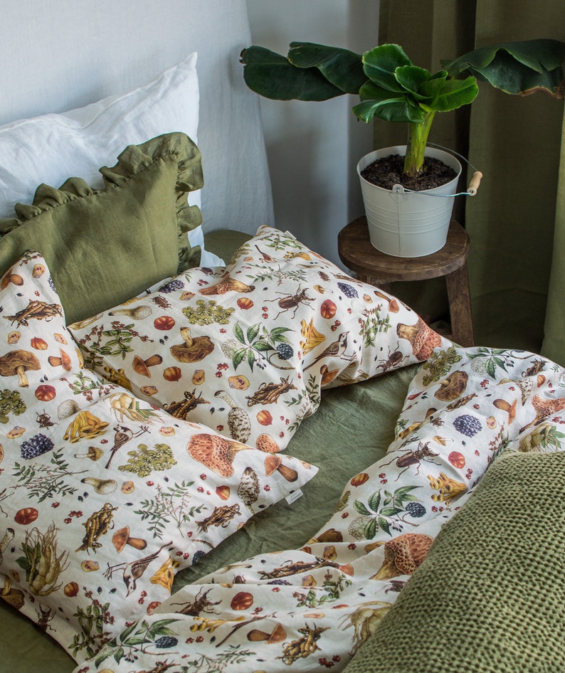 linen pillow cover with mushroom pattern