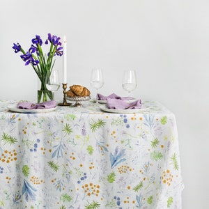 Linen Tablecloth with Flowers. Cozy Linen Tablecloth for Round and Rectangle Tables. Wild flower watercolor print. Farmhouse Decor image 1