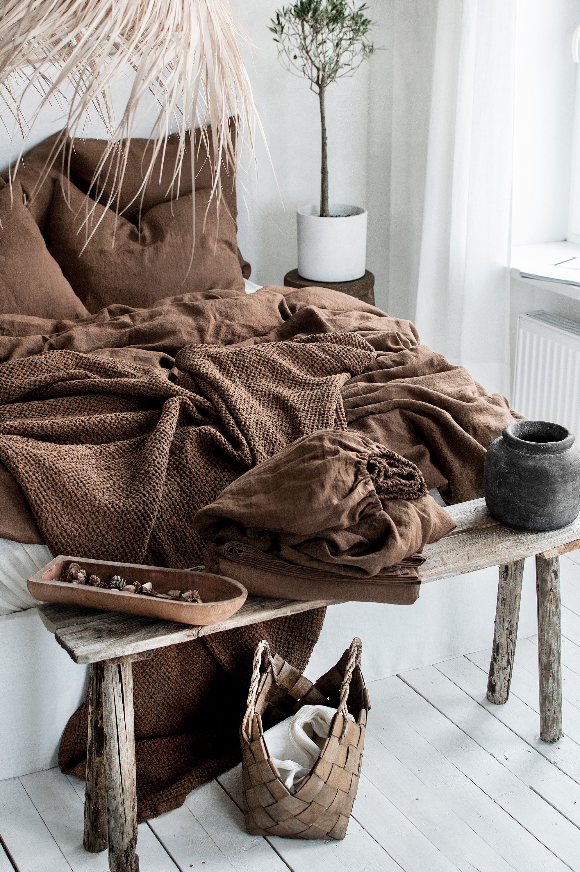 Waffle Blanket in Walnut. Extra Soft Waffle Throw Blanket. Linen-Cotton Waffle Bed Cover. Dark Brown Rustic Waffle Coverlet