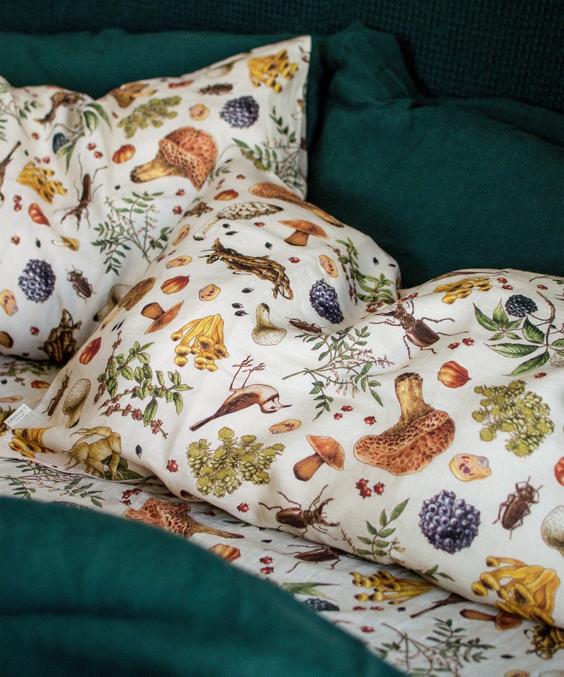 Mushroom Linen Pillowcase, Mushroom Pillow Cover, Linen Cushion Cover with Pattern. Standard, Queen, King, Body, Euro sham, Deco Pillowcase image 1