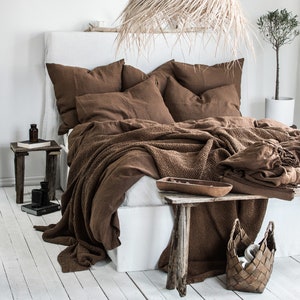 Linen Bedding Set in Walnut. Duvet Cover and 2 pillowcases set. King, Queen, Twin, Full, Double, Single size. Dark Brown Linen bedding