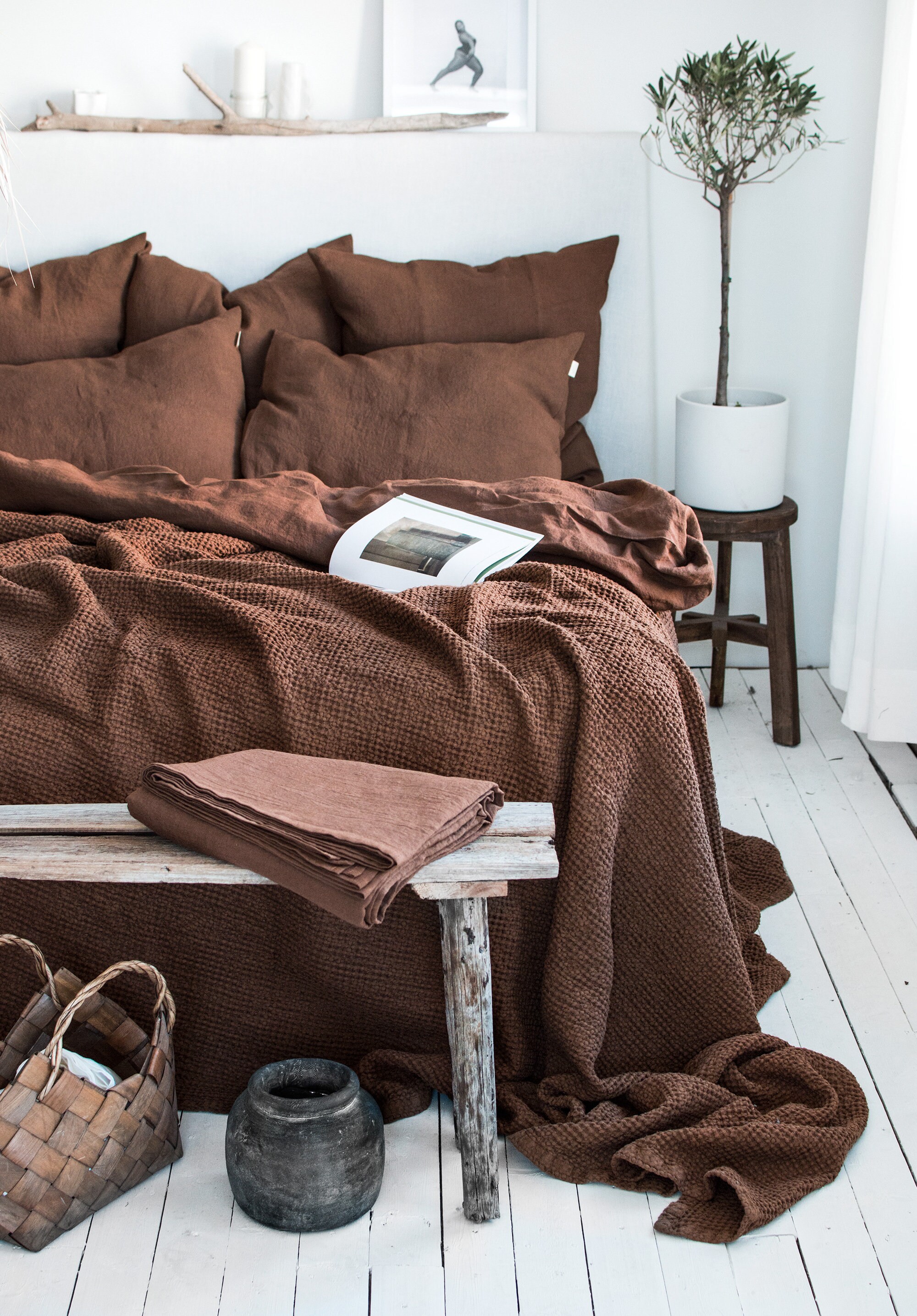Waffle Blanket in Walnut. Extra Soft Waffle Throw Blanket. Linen-Cotton Waffle Bed Cover. Dark Brown Rustic Waffle Coverlet