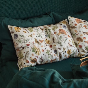 Mushroom linen pillowcase, anime boho body pillow, bird long lumbar, insects pillow. Cushion, Standard, Queen, King, Deco