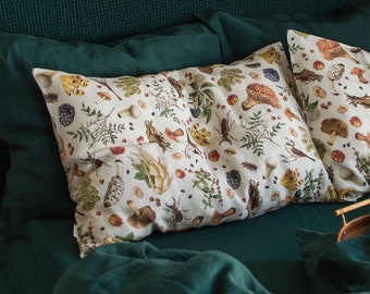 Mushroom linen pillowcase, anime boho body pillow, bird long lumbar, insects pillow. Cushion, Standard, Queen, King, Deco