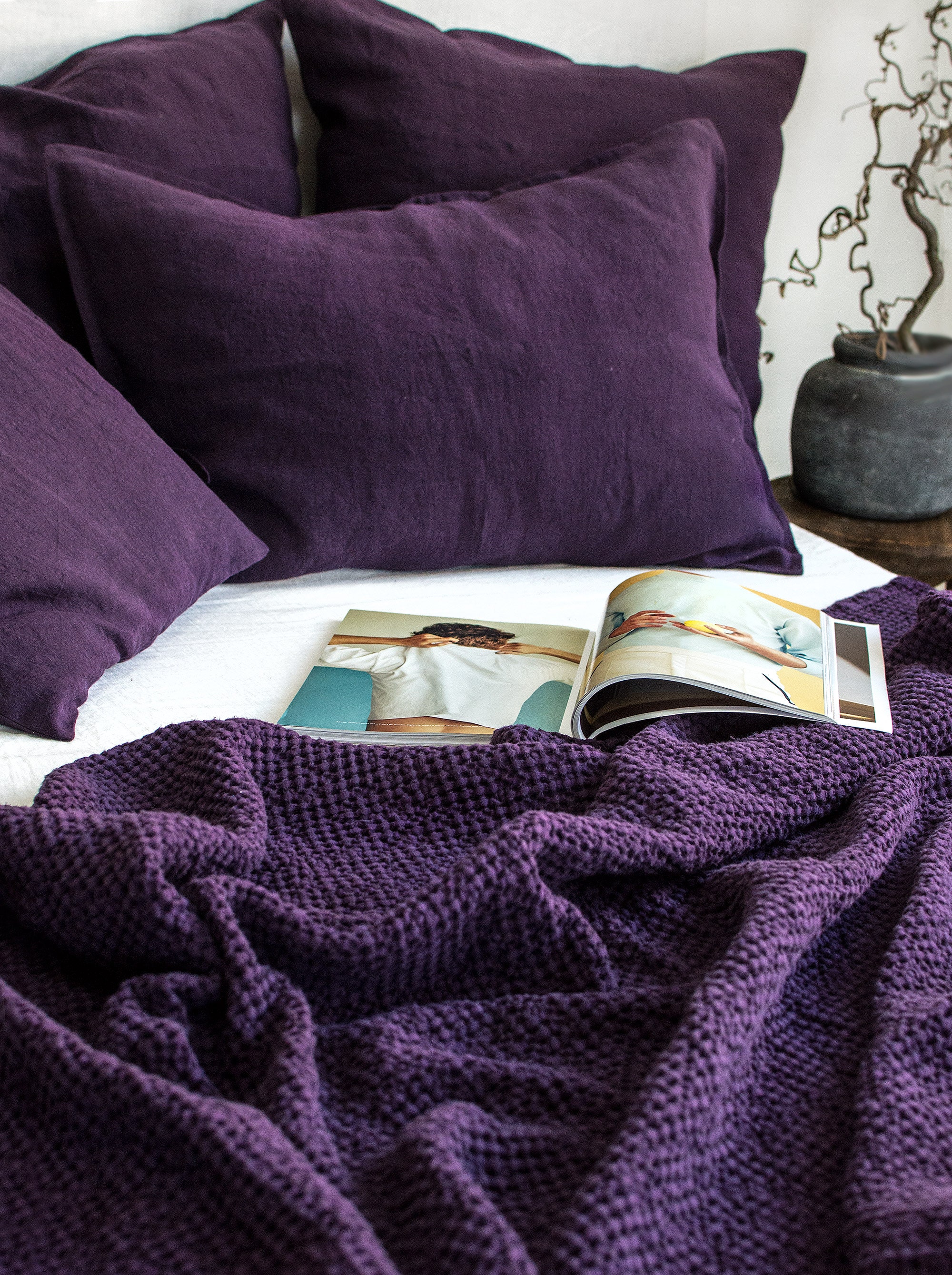 Waffle Blanket in Plum. Natural Soft Purple Throw Blanket Linen cotton Bed Cover. Dark Purple Coverlet. King Queen Full Double Bedspread Etsy
