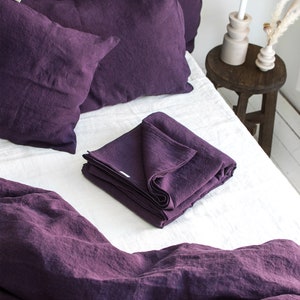 Linen Flat Sheet in Plum. King, Queen, Twin, Full, Double, Standard sizes. Dark Purple linen top sheet, Natural Linen Plum Color Top Sheet