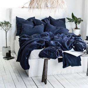 Linen Bedding Set in Midnight Blue, 2 Pillowcases & Duvet Cover Set, King Queen Twin Full Double Single Washed Soft Dark Navy Bedding Set