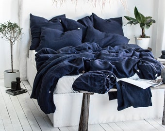 Linen Bedding Set in Midnight Blue, 2 Pillowcases & Duvet Cover Set, King Queen Twin Full Double Single Washed Soft Dark Navy Bedding Set