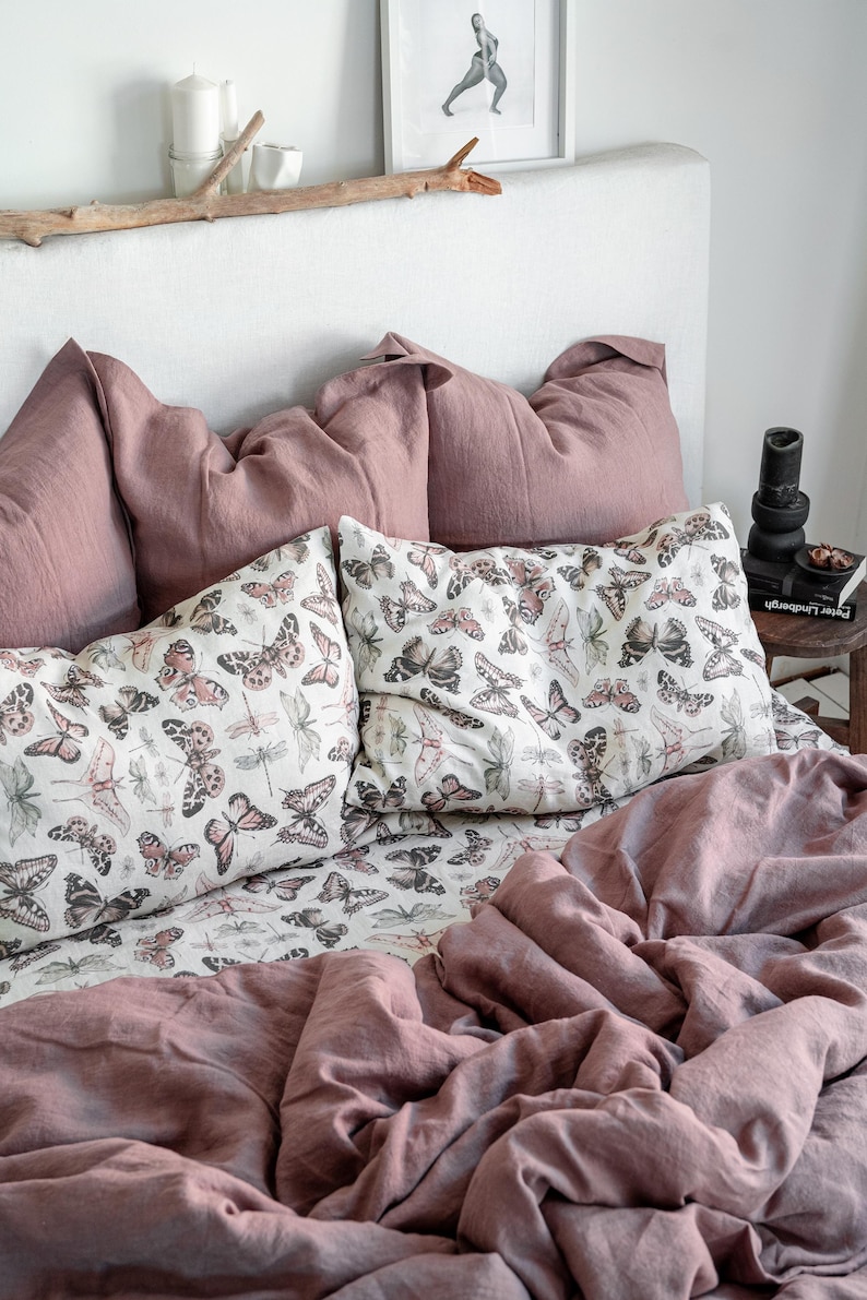 BUTTERFLY LINEN BEDDING. 3 piece set. Unique Vintage Butterfly Print. King, Queen, Twin, Full, Double sizes. Botanical Forest Linen Bedding. image 11