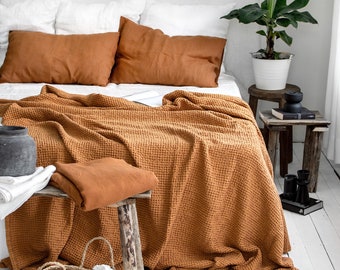 CINNAMON WAFFLE BLANKET. Extra Soft Waffle Throw Blanket in Cinnamon. Terracotta Rust Waffle Bed Cover. Cinnamon Waffle Coverlet.