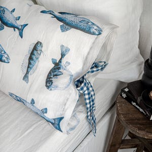 Fisherman Linen Pillowcase with Ribbon Tie - Blue Marine Fish Sham Cover with Bow Tie - Ocean Fish Print Pillow cover with Gingham Ribbon image 9