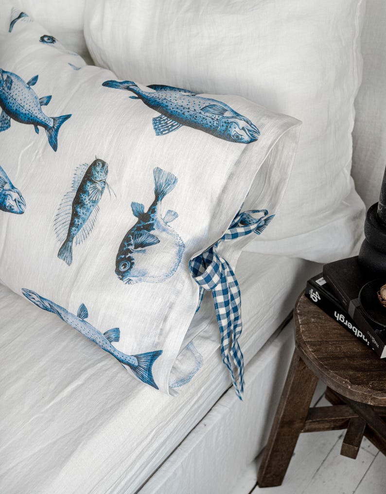 Fisherman Linen Pillowcase with Ribbon Tie - Blue Marine Fish Sham Cover with Bow Tie - Ocean Fish Print Pillow cover with Gingham Ribbon image 9