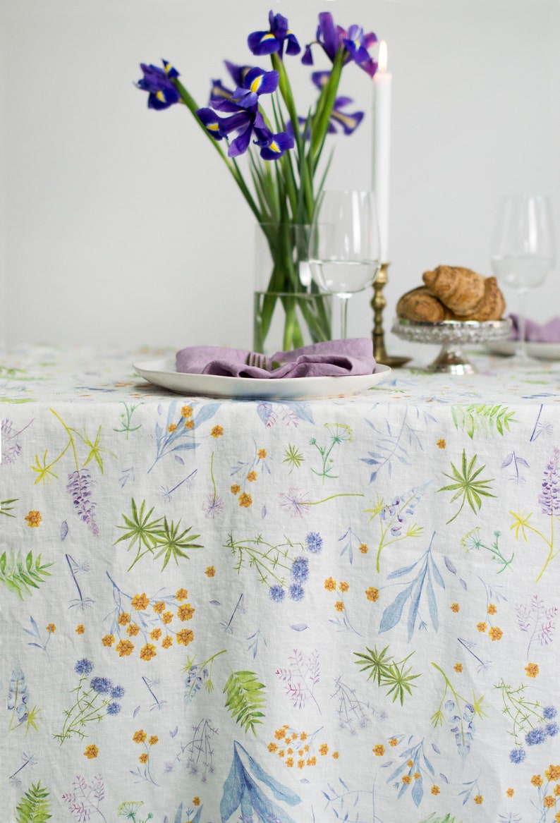 Linen Tablecloth with Flowers. Cozy Linen Tablecloth for Round and Rectangle Tables. Wild flower watercolor print. Farmhouse Decor image 3