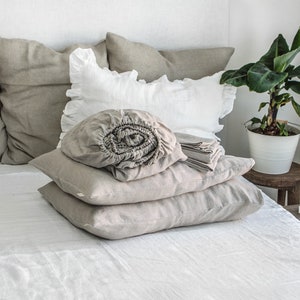 Linen Sheet Set in Natural linen Color. Fitted Sheet, Flat Sheet & 2 Pillowcases. King, Queen, Twin, Full, Double, Standard. Non-Dyed Linen