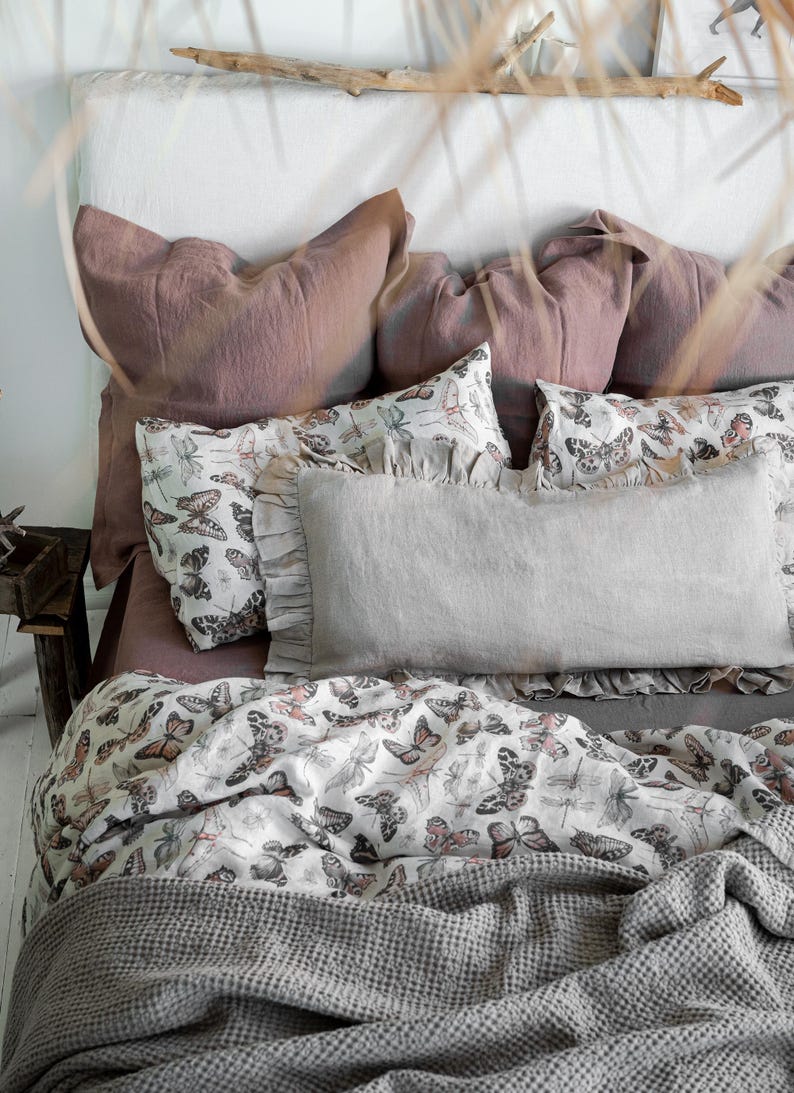 BUTTERFLY LINEN BEDDING. 3 piece set. Unique Vintage Butterfly Print. King, Queen, Twin, Full, Double sizes. Botanical Forest Linen Bedding. image 3