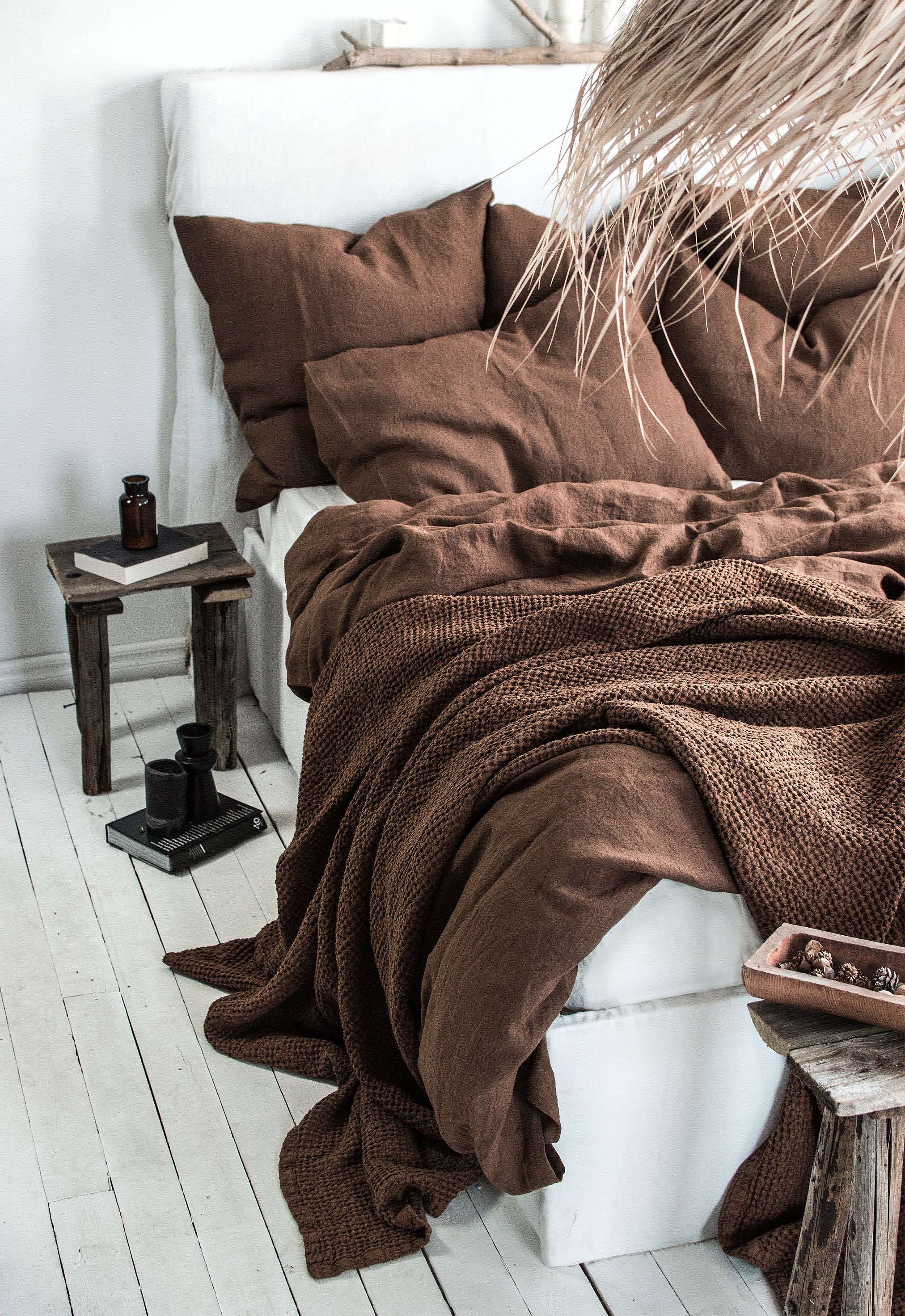Waffle Blanket in Walnut. Extra Soft Waffle Throw Blanket. Linen-Cotton Waffle Bed Cover. Dark Brown Rustic Waffle Coverlet