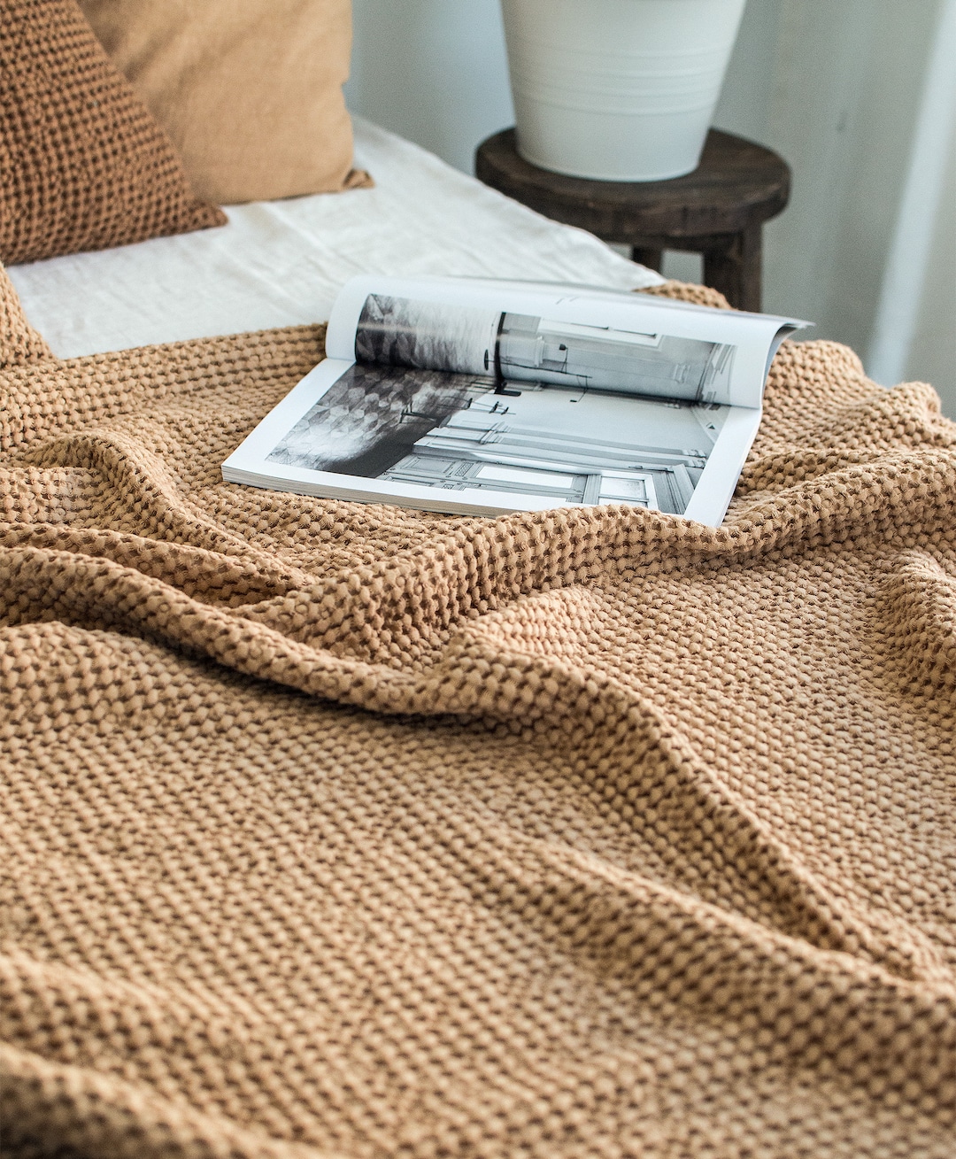 Waffle Blanket in Peanut Extra Soft Nude Waffle Throw Beige  Linen-cotton Waffle Bed Light Brown Waffle Coverlet