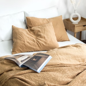 Linen Bedding Set in Peanut Brown. King, Queen, Twin, Full, Double sizes. Linen bedding set: 2 Pillowcases & Duvet Cover. Camel color set