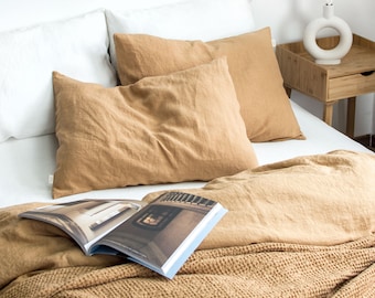 Linen Bedding Set in Peanut Brown. King, Queen, Twin, Full, Double sizes. Linen bedding set: 2 Pillowcases & Duvet Cover. Camel color set