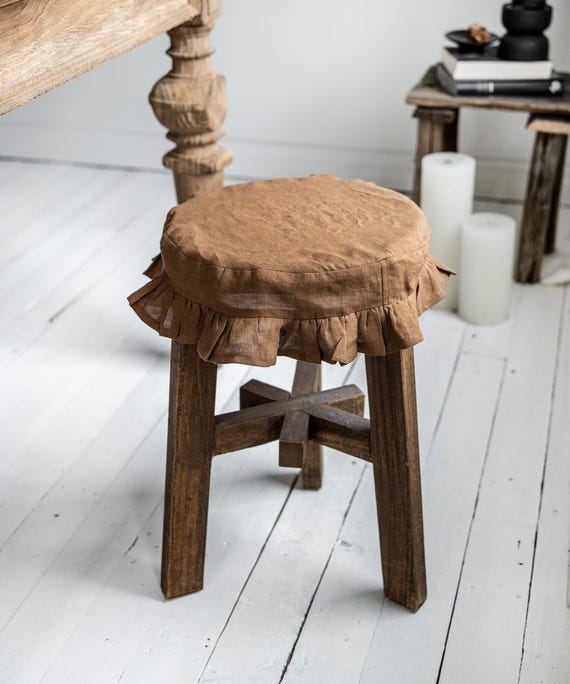 Linen Stool Cover with Ruffle – Fabric Round Stool Cover – Farmhouse Stool Seat Slipcover