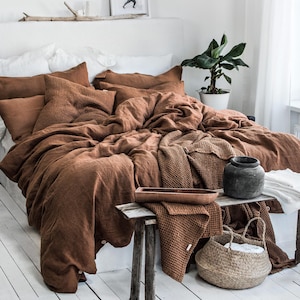 Waffle Blanket in Tobacco. Extra Soft Waffle Throw Blanket. Linen-Cotton Waffle Bed Cover. Brown Rustic Waffle Coverlet image 3