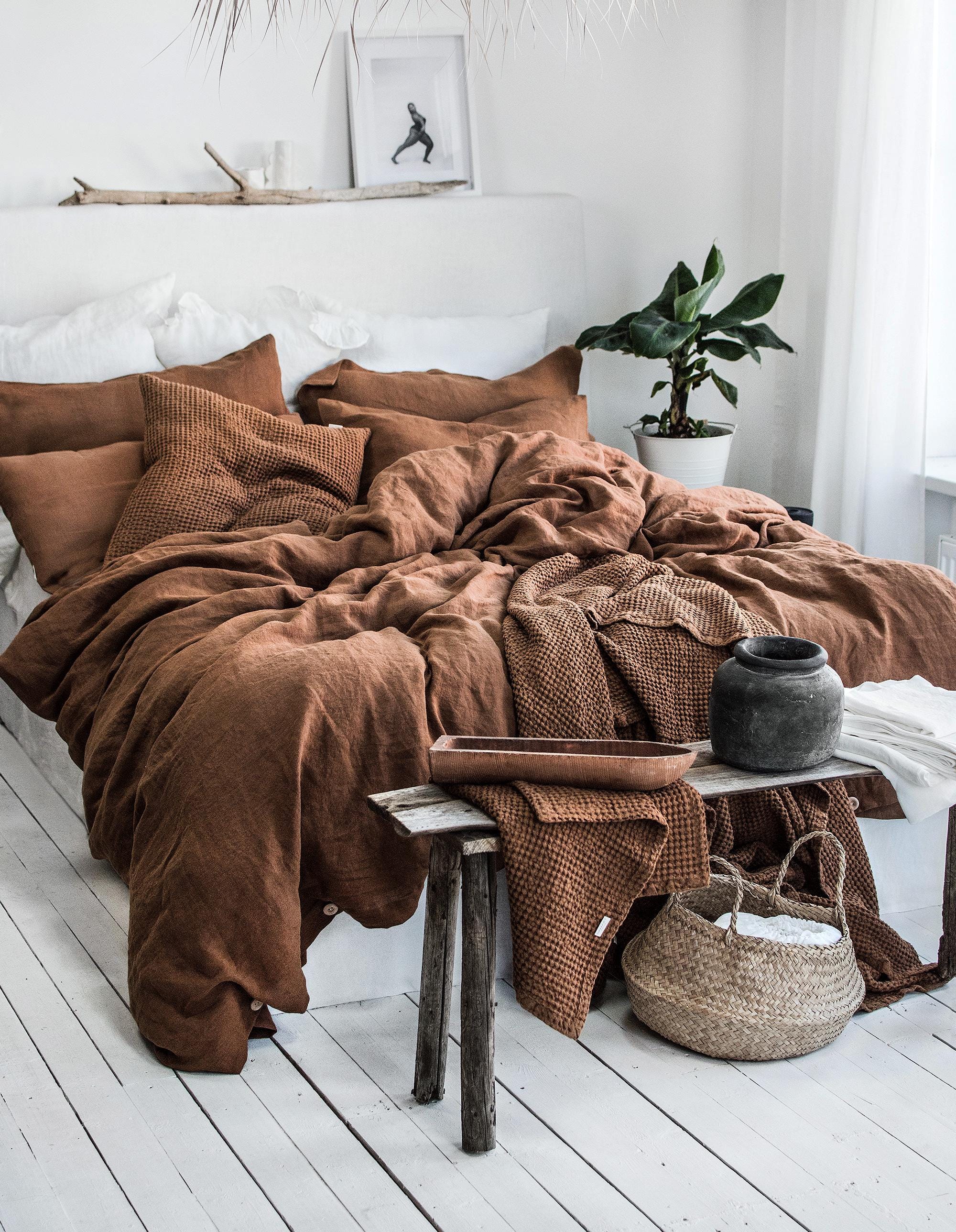Linen Bedding Set in Tobacco. Duvet Cover and 2 Pillowcases Set. King,  Queen, Twin, Full, Double, Single Size. Tobacco Brown Linen Bedding