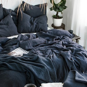 Linen Duvet Cover in Graphite Blue - Cal King Queen Full Double Twin Duvet- Washed Soft Anthracite Gray Blue Linen Duvet Cover