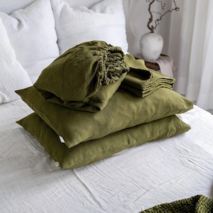 Linen Sheet Set in Moss Green - Fitted Sheet, Flat Sheet & 2 Pillowcases - Cal King Queen Full Double Twin XL - Forest Green Bed Sheets