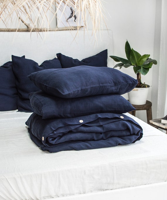 Linen Bedding Set in Midnight Blue 2 Pillowcases Duvet Cover Set King Queen Twin Full Double Single Washed Soft Dark Navy Bedding Set Etsy