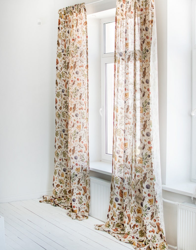 Mushroom linen curtain panel, Vintage curtains, Rod pocket curtain, Linen sheer curtains, Linen curtain drapes, Farmhouse curtains image 10