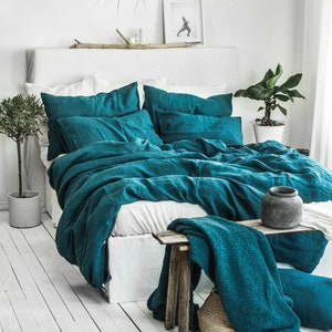 Emerald Blue Linen Bedding Set - Duvet Cover & 2 Pillowcases set - King Queen Full Double Twin Single - Coral Ocean Blue Washed Soft Linen