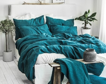 Emerald Blue Linen Bedding Set - Duvet Cover & 2 Pillowcases set - King Queen Full Double Twin Single - Coral Ocean Blue Washed Soft Linen